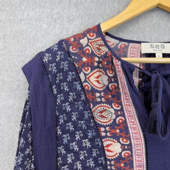 Sea New York Womens Size 4 Printed Boho Blouse Navy Blue Red Peasant India VNeck - Picture 5 of 12